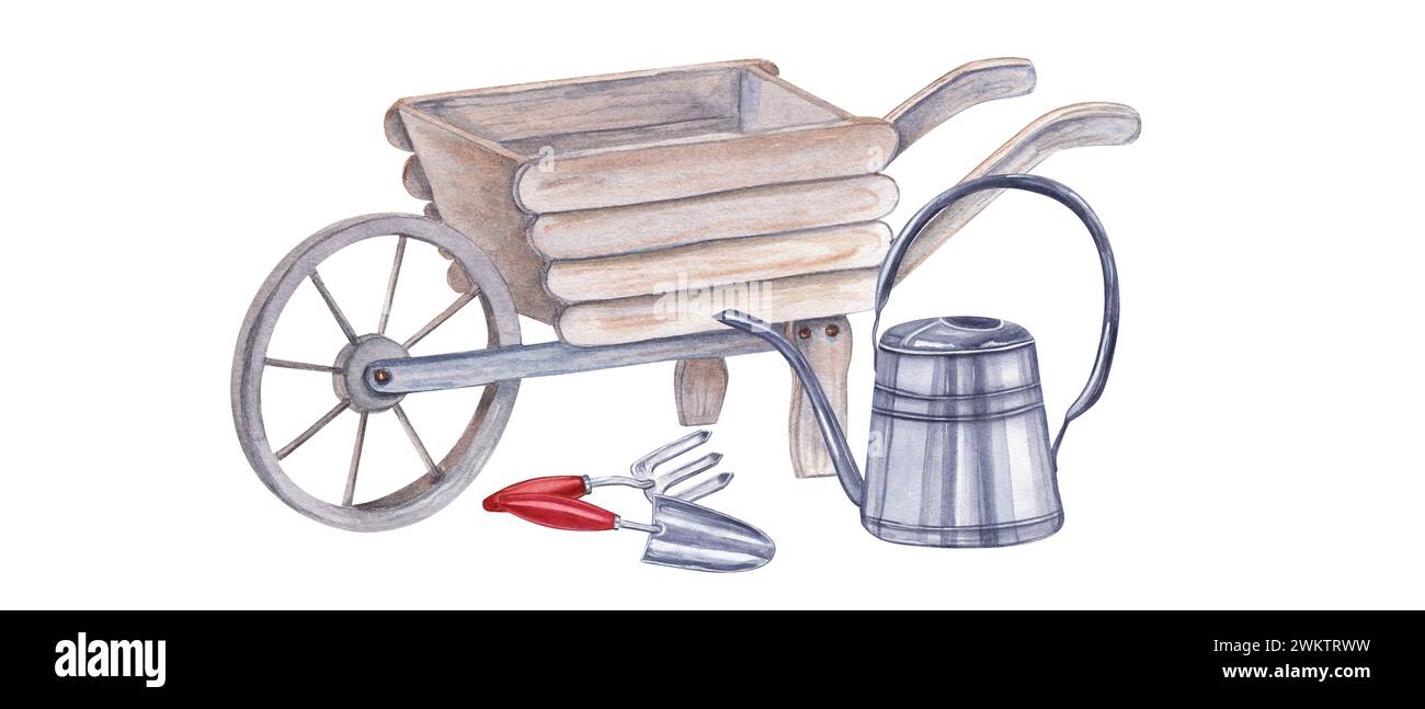 Gartenwerkzeuge mit Aquarell. Abbildung isoliert auf weiß. Gießkanne, Schubkarre, Handkellen, Gabel für Blüten und Gartenarbeiten. Stockfoto