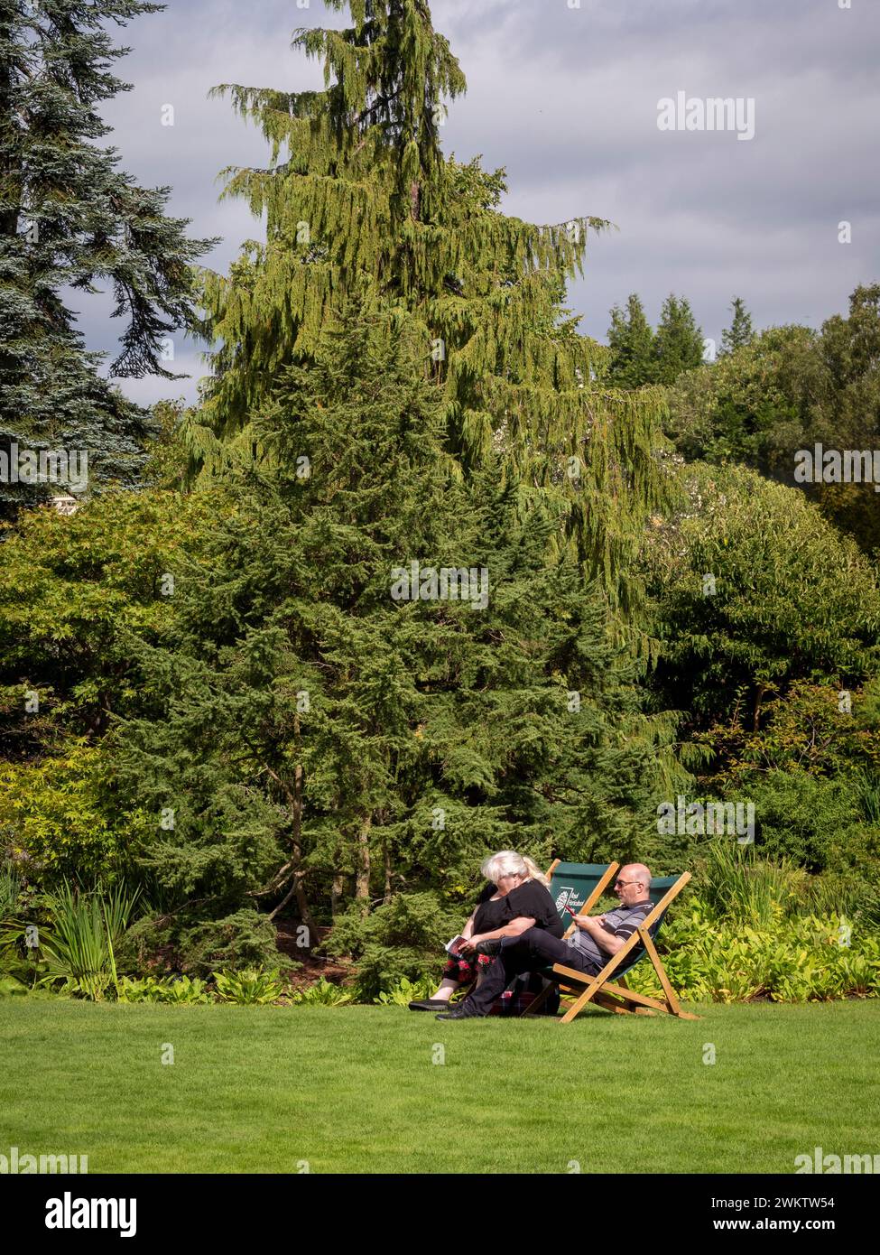 Ein älteres Paar sitzt in Liegestühlen und genießt die Sonne in einem Garten auf der rechten Seite. UK Stockfoto