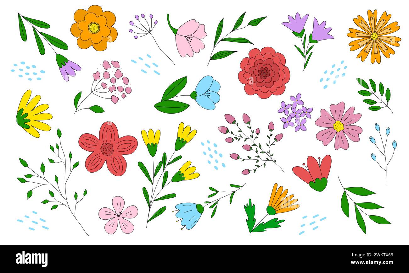 Großer Satz mit verschiedenen Blumen und Blättern, Frühlingsdesign-Elemente, Kritzelstil Vektor-Illustration Stock Vektor