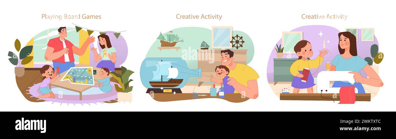 Kreativität für die ganze Familie. Teilnahme an Brettspielen, Basteln und Nähen. Strategisches Denken, künstlerische Fähigkeiten und handgemachte Mode. Stock Vektor