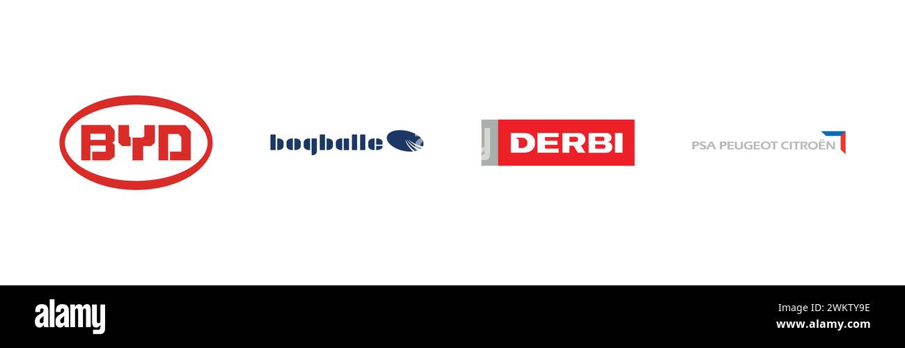 PSA Peugeot Citroen, Derbi, BYD, BOGBALLE, beliebte Logo-Kollektion. Stock Vektor