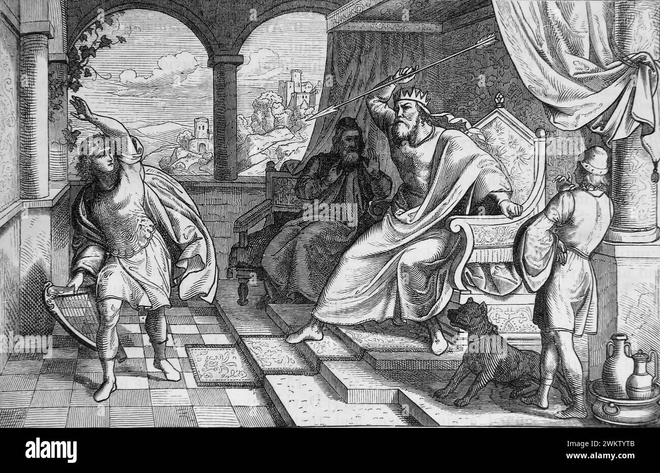Illustration von König Saul, der David mit seinem Speer bewarfen wollte, um ihn zu töten, aber er verpasste "ich werde David sogar an die Mauer schlagen" aus dem antiken 19. Jahrhundert Stockfoto