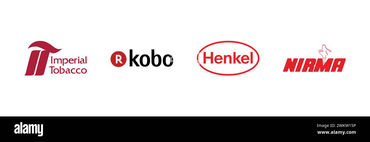 Kobo, Henkel, Nirma, Imperial Tobacco, beliebte Markenlogo-Kollektion. Stock Vektor