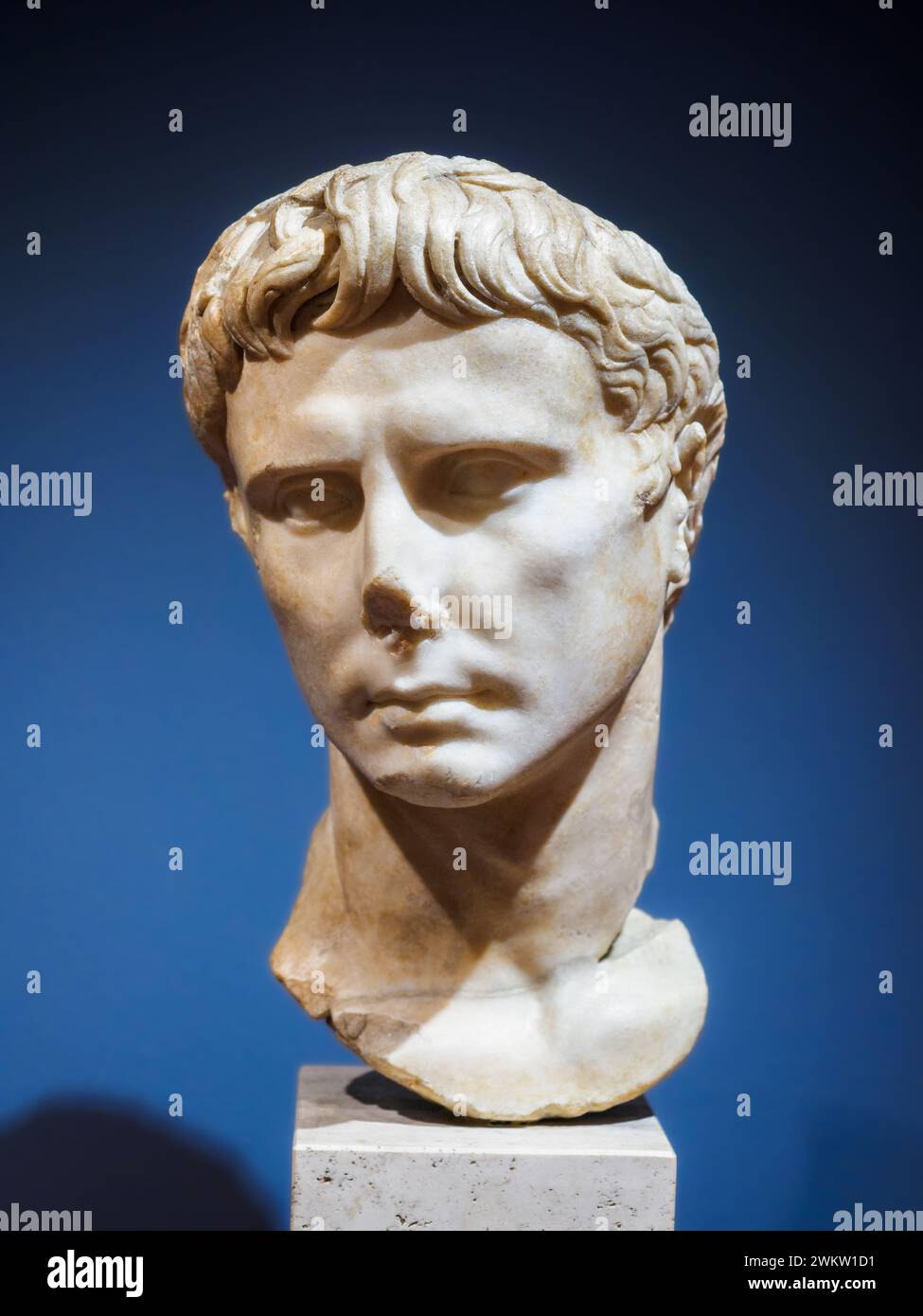 Augustus-Porträt - 27-20 v. Chr., griechischer Inselmarmor - Augustus wird nach einer neuen Vorstellung des Herrschaftsbildes dargestellt, wobei die klassischen Formen der griechischen Kunst seine Autorität repräsentieren. Das Modell, bekannt als „Haupttyp“, wurde vermutlich zwischen 27 v. Chr., als Oktavian Augustus hieß, und 20 v. Chr. hergestellt. - Museo Centrale Montemartini, Rom, Italien Stockfoto