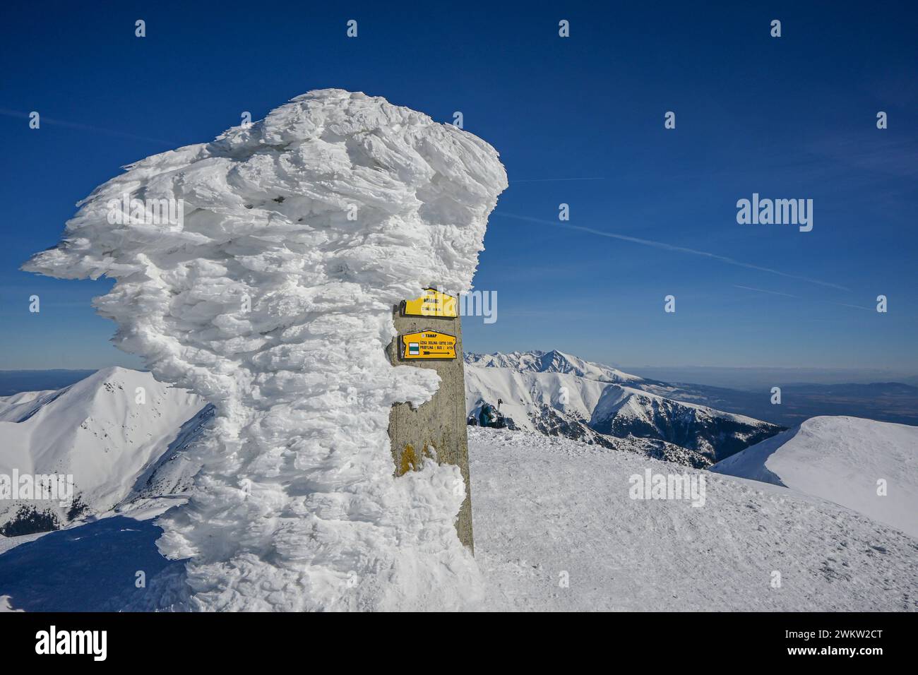 Wanderung zum Gipfel von Baranec in der westlichen Tatra im Winter mit Blick auf Krivan. Stockfoto