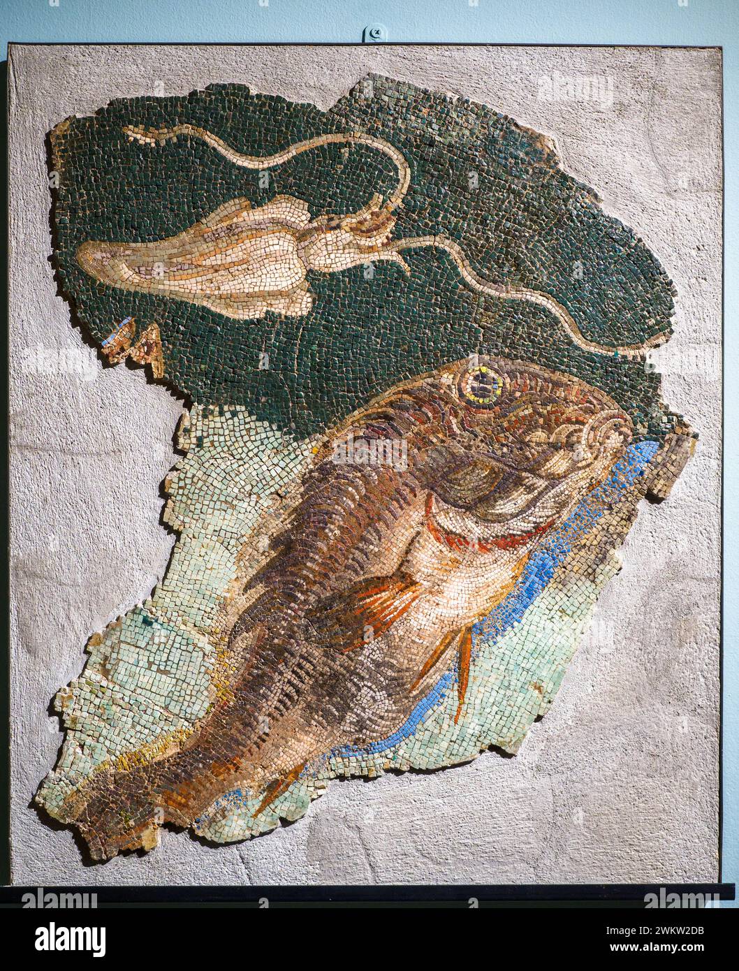 Polychromes Mosaik mit Meeresboden - 1. Quartal 1. Jh. v. Chr. - extrem winzige Kalkstein-, Marmor- und Glaspaste - dieses hochraffinierte Mosaik, von dem große Fragmente erhalten sind, bildete den Pflaster einer kleinen thermischen Umgebung mit "Gipskaminen"; wahrscheinlich auf einen luxuriösen Domus aus der späten republikanischen Ära auf dem Viminal-Hügel – Museo Centrale Montemartini, Rom, Italien Stockfoto
