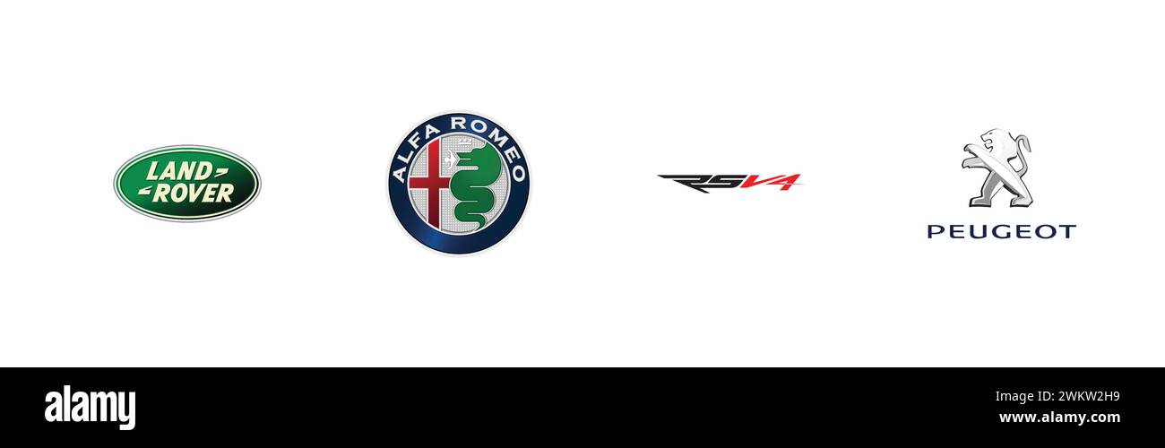 Peugeot, Aprilia RSV4, Land Rover, Alfa Romeo, beliebte Logo-Kollektion. Stock Vektor