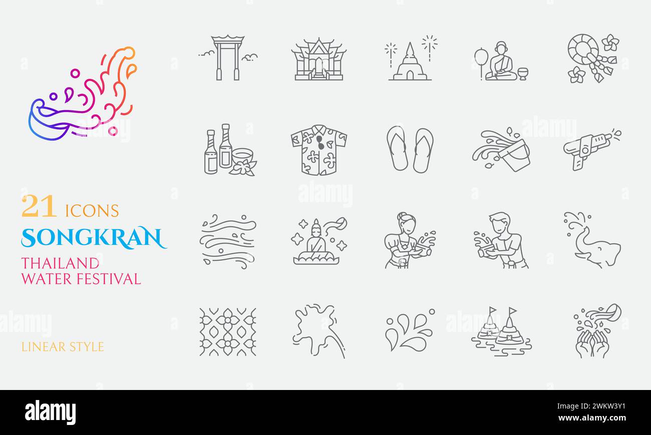 Songkran Icon linearer Stil für Feier thailand Wasserfestival buddhismus Neujahrsvektor Stock Vektor
