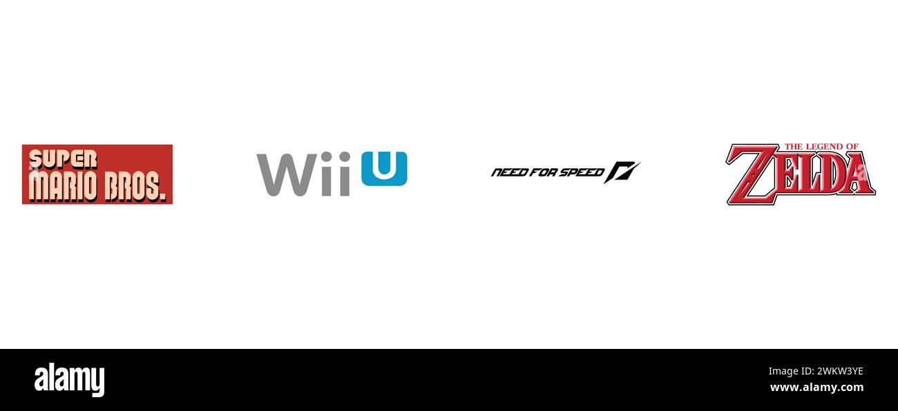 Die Legenden von Zelda, Wii U, Need for Speed, Super Mario Bros Kollektion mit Top-Markenlogo. Stock Vektor