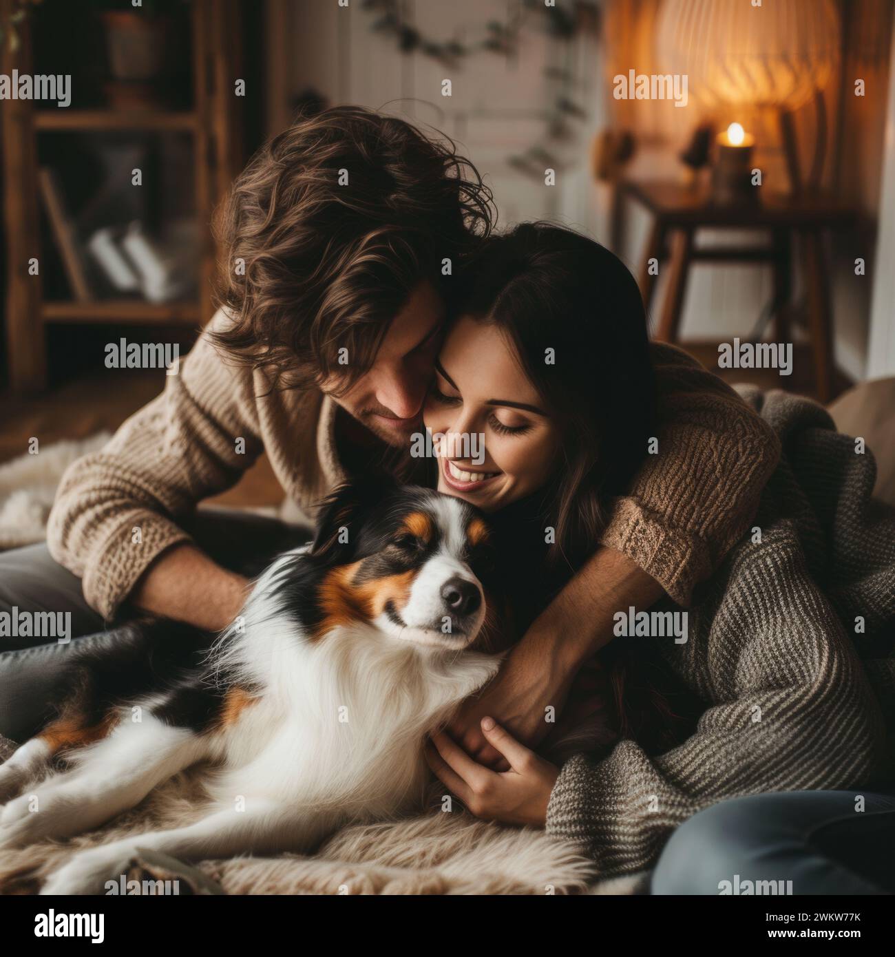 Ein Mann und eine Frau kuscheln sich draußen mit ihrem Hund. Stockfoto