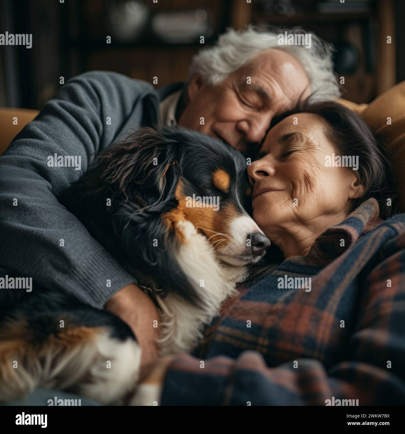 Ein Mann und eine Frau kuscheln sich mit einem Hund auf einer Couch. Stockfoto