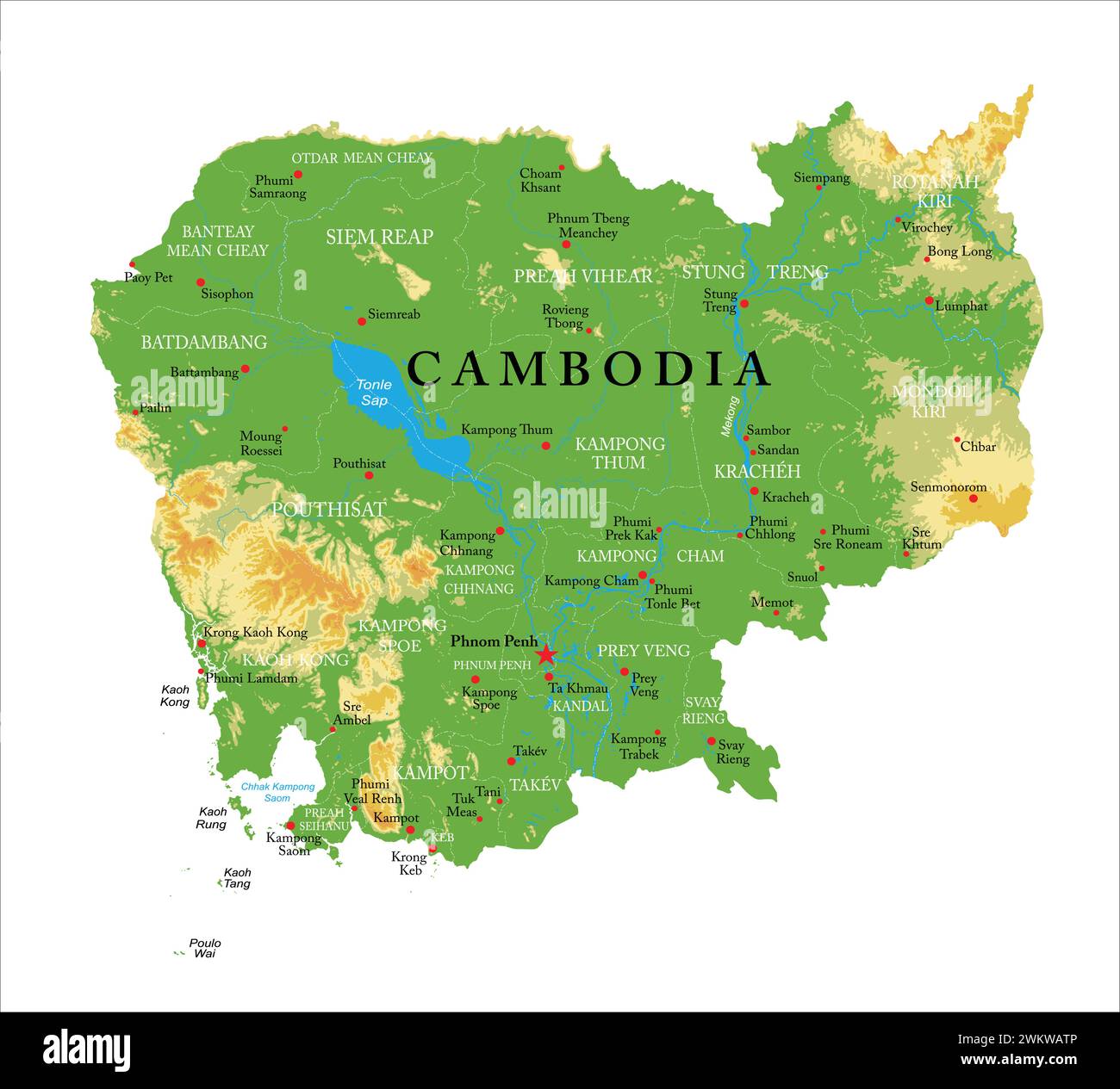 Sehr detaillierte physische Karte Kambodschas im Vektorformat mit allen Reliefformen, Regionen und Großstädten. Stock Vektor