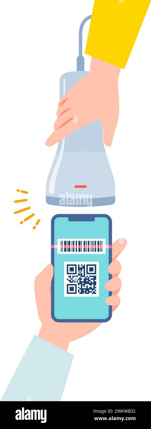 Szene der QR-Code-Zahlung mit Smartphone. Leicht zu bearbeitende Vektorabbildung. Stock Vektor