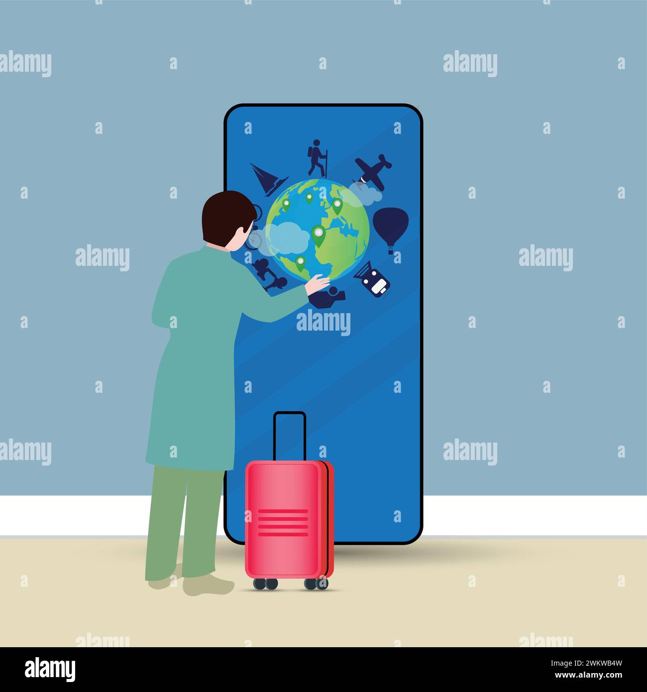 Mann mit einem Gepäck vor einem großen Smartphone mit Transportmitteln, die um die Welt reisen Stock Vektor