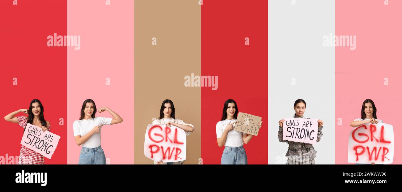 Collage junger Feministinnen auf farbigem Hintergrund. Das Konzept der Mädchenmacht Stockfoto