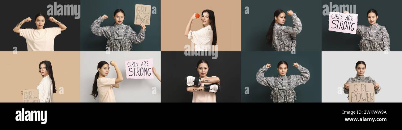 Collage junger Feministinnen auf farbigem Hintergrund. Das Konzept der Mädchenmacht Stockfoto