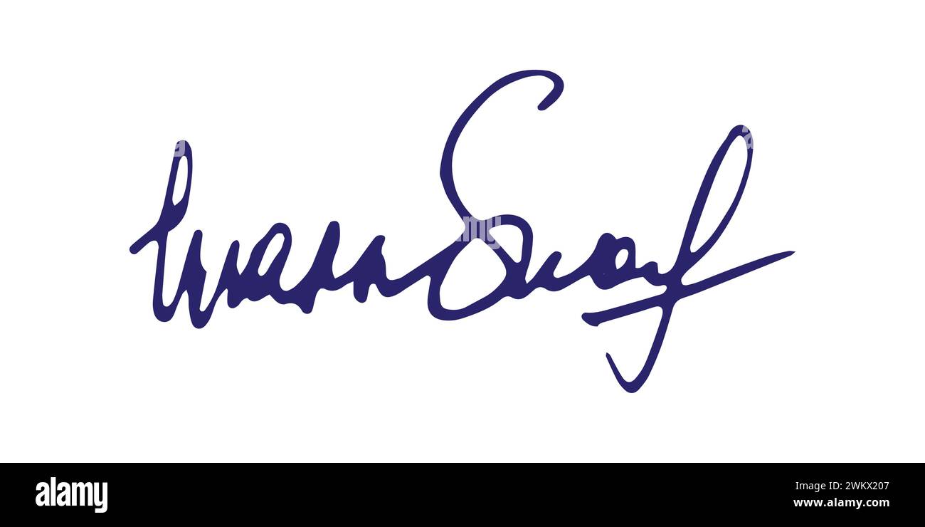 Gefälschte Signatur, handgezeichnetes Muster, eigenes Autogramm. Fiktive handschriftliche Unterschrift. Blaue Tintenfarbe. Scribble für Musterverträge Dokumente Zertifikate oder Briefe. Vektorabbildung. Stock Vektor