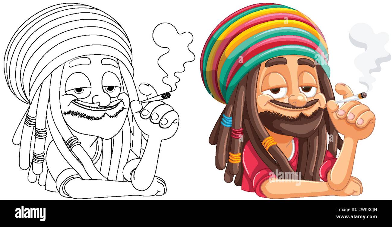 Zwei fröhliche Karikatur-Rastafarier mit rauchenden Joints. Stock Vektor