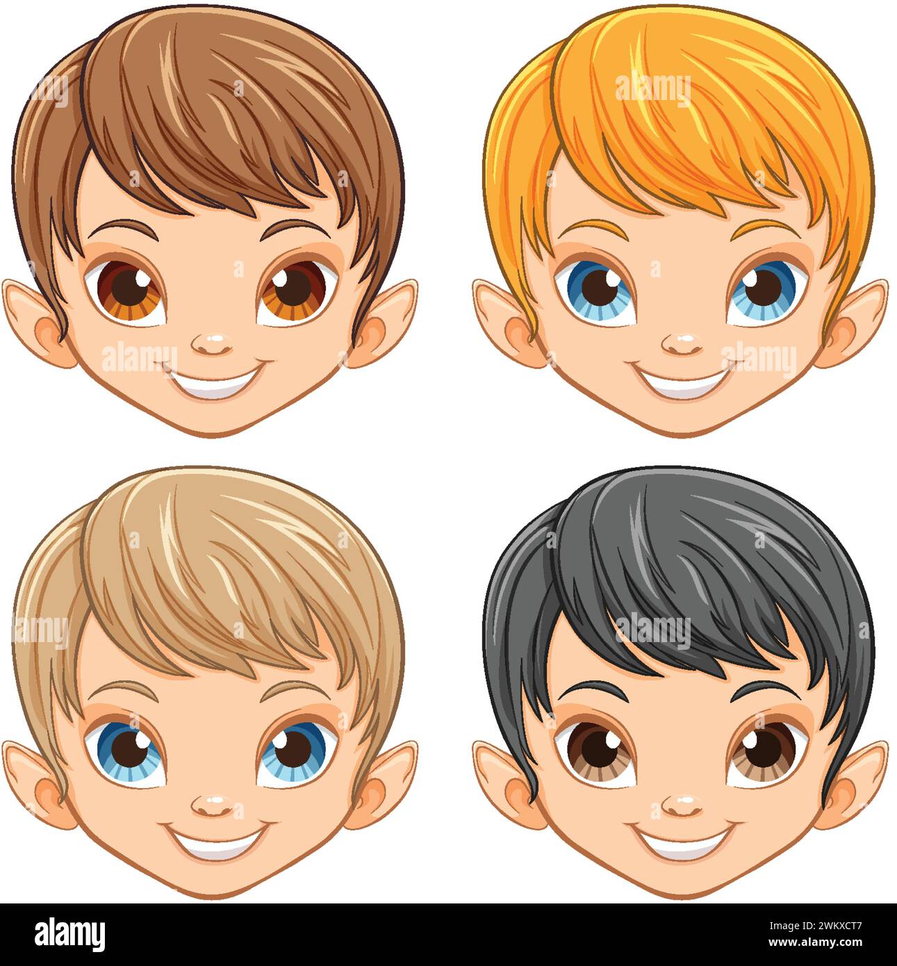 Vier Zeichentrickkinder mit verschiedenen Frisuren und Ausdrücken. Stock Vektor