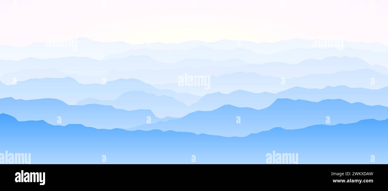 Silhouetten der Bergkette bei Sonnenuntergang oder Sonnenaufgang. Panoramablick auf die Landschaft am Vormittag. Bergkämme und Hügel im Hintergrund. Blaurosa Berggipfel mit Nebel und Nebel. Vektorlandschaft Geländeillustration Stock Vektor