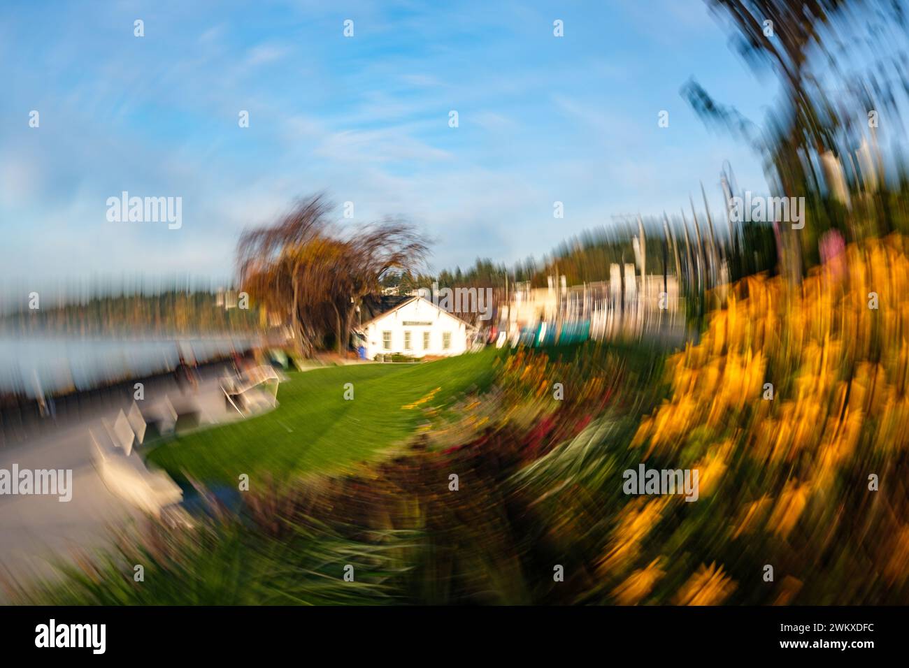 Mit sprial Intentional Camera Movement (ICM), um das Motiv mit gelben Blumen zu umrahmen, konzentriert sich dieses Bild auf das White Rock Museum neben der Promenade Stockfoto