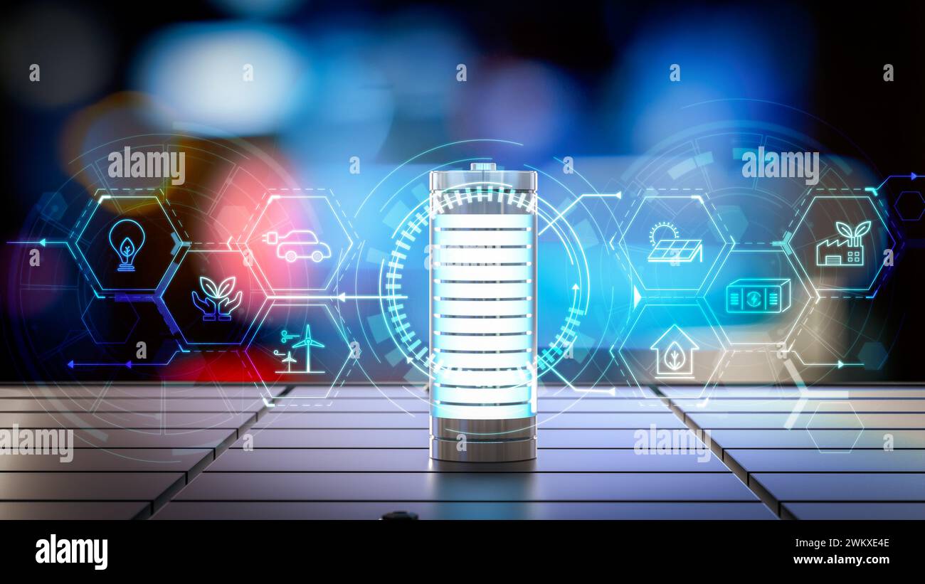 Energiespeichertechnologie mit 3D-Rendering-Alkali- und Li-Ionen-Batterien oder wiederaufladbaren Batterien mit Grafikdisplay Stockfoto