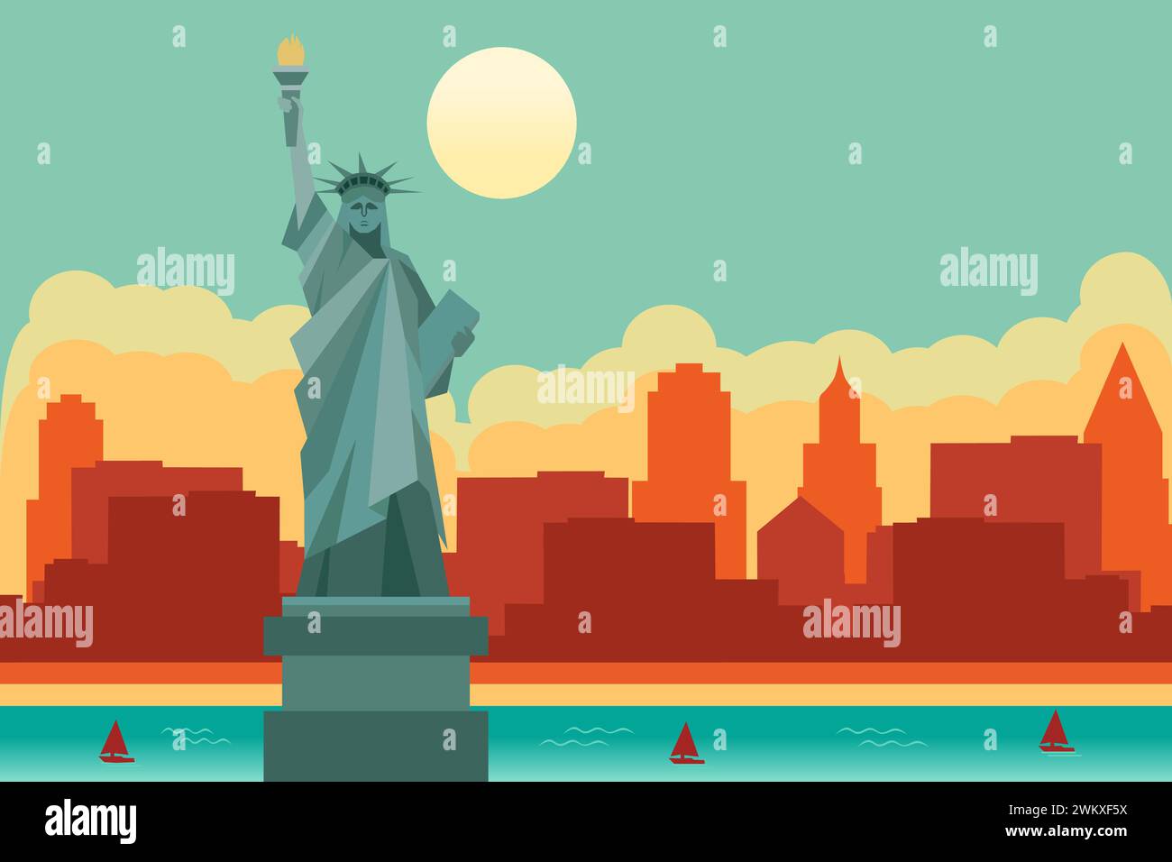 Illustration von New York City mit Vektorlandschaft von Gebäuden und der Freiheitsstatue Stock Vektor