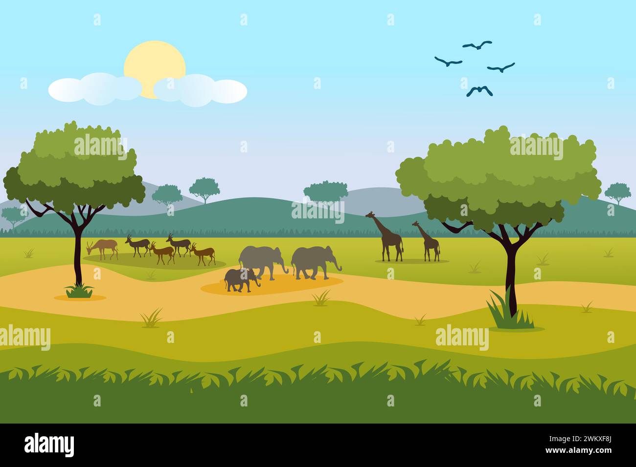 Afrikanische Savanna Waldlandschaft Illustration mit Giraffen, Hirschen, Elefanten und Vögeln. Stock Vektor