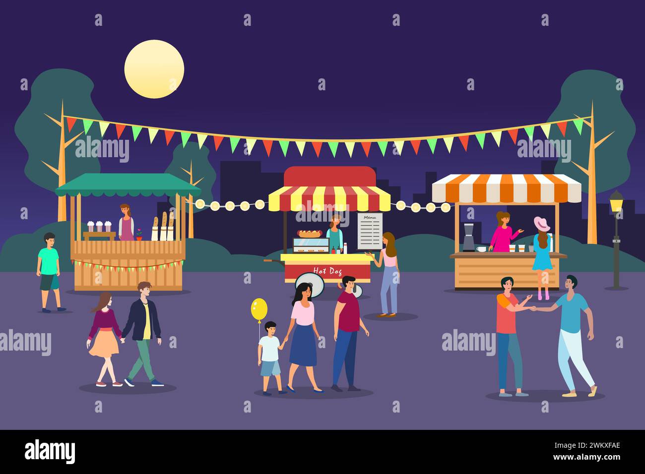 Nachtmarkt, Sommerfest, Illustration der Essensstraße. Nachtmarkt mit Menschenmenge. Stock Vektor