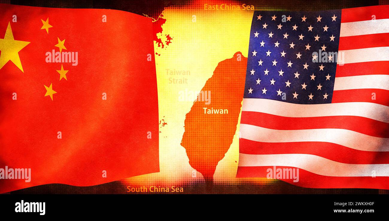 Banner-Illustration des Konflikts zwischen China und den Vereinigten Staaten um Taiwan Stockfoto