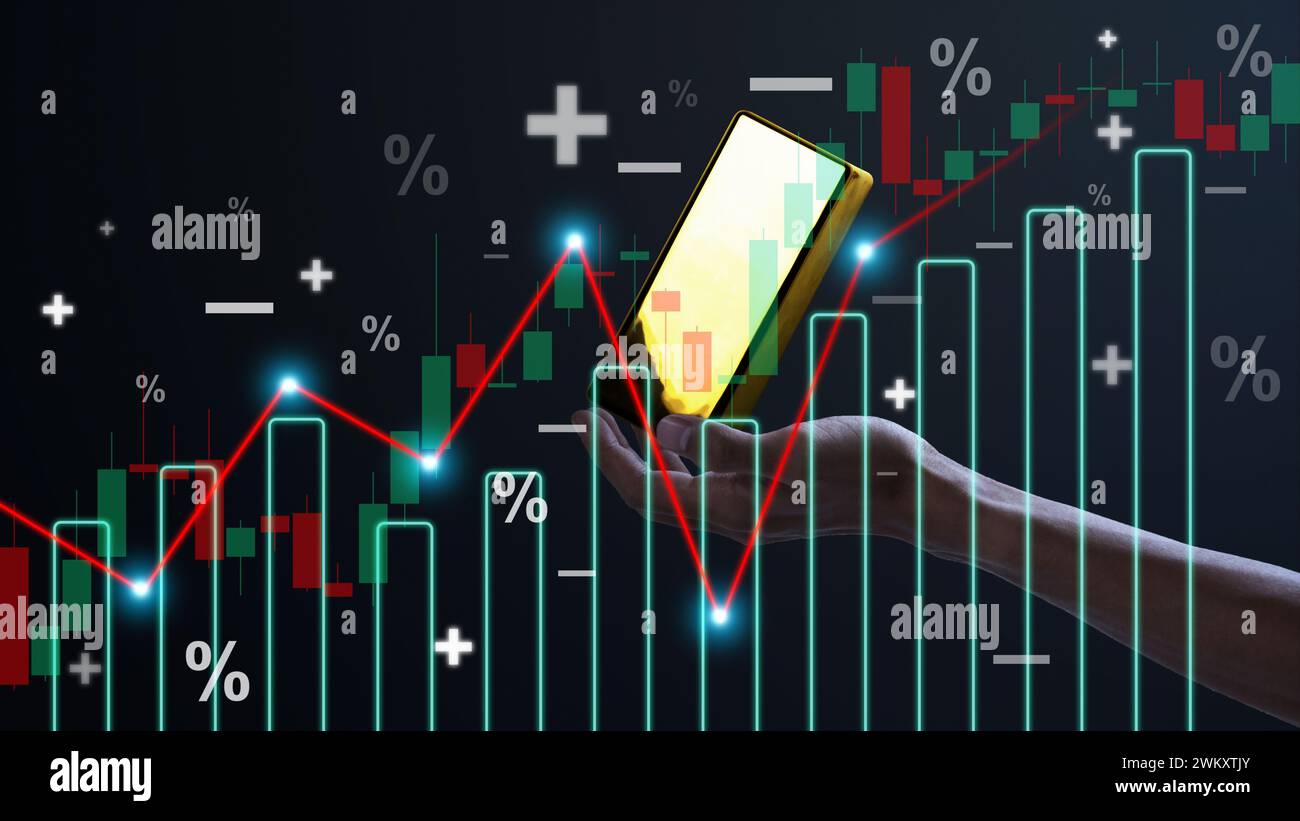 Wachstum Goldbarren Finanzinvestitionen Aktiendiagramm im Diagramm Hintergrund des Konzepts der globalen Wirtschaft Handel Markt oder Kapitalmarketing Diagramm Börsenwert. Stockfoto