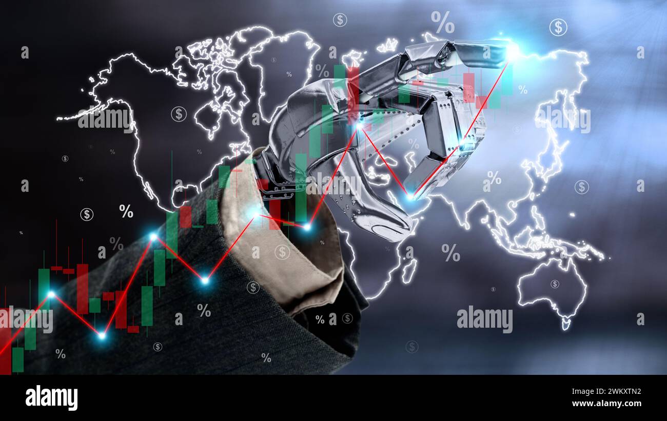Abbildung des Roboterhändes mit Pfeil nach oben zeigenden Aktiendiagramms und Diagrammhintergrund. Analyse künstlicher Intelligenz für Wachstumsinvestitionen an den Börsen Stockfoto