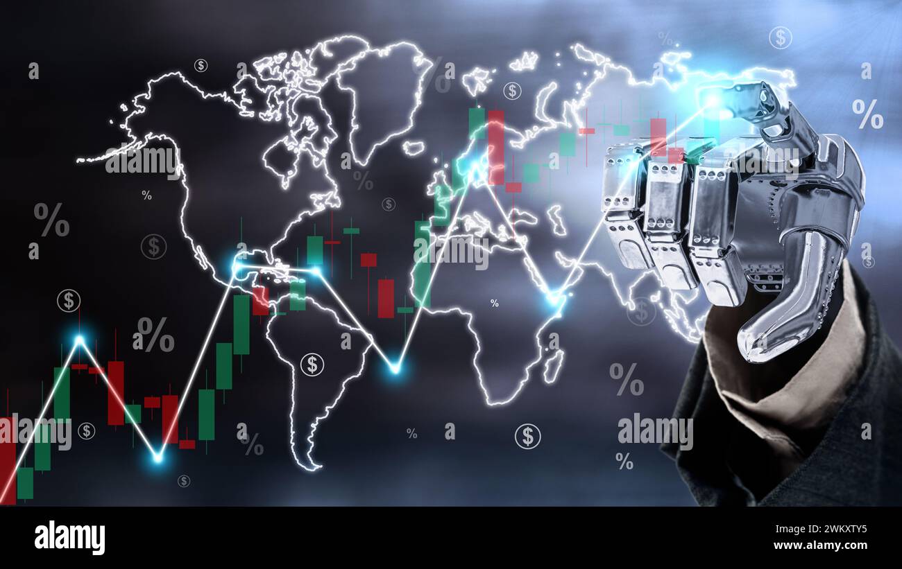 Abbildung des Roboterhändes mit Pfeil nach oben zeigenden Aktiendiagramms und Diagrammhintergrund. Analyse künstlicher Intelligenz für Wachstumsinvestitionen an den Börsen Stockfoto