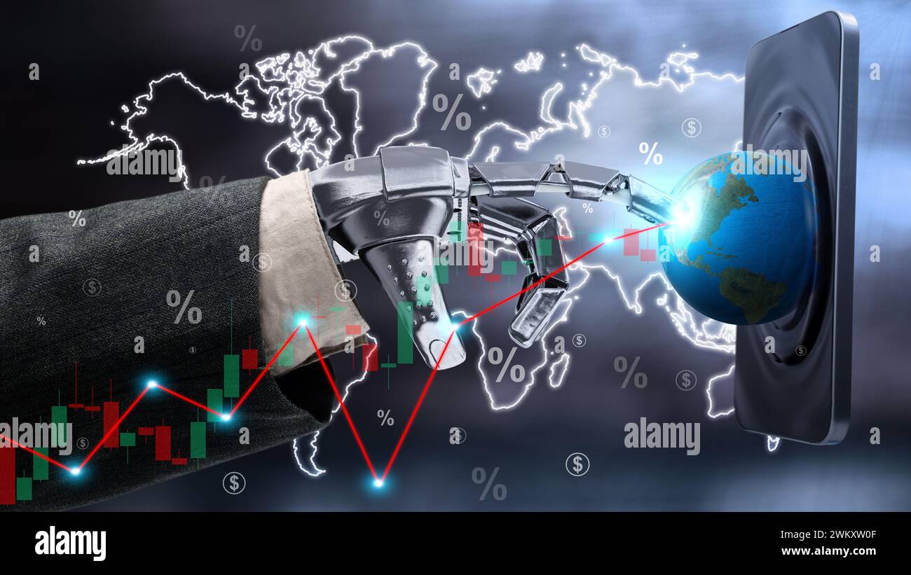 Abbildung der Roboterhand, die auf das globale Aktiendiagramm zeigt, und Diagrammhintergrund auf dem Bildschirm des Mobiltelefons. Analyse künstlicher Intelligenz für Wachstumsunternehmen Stockfoto