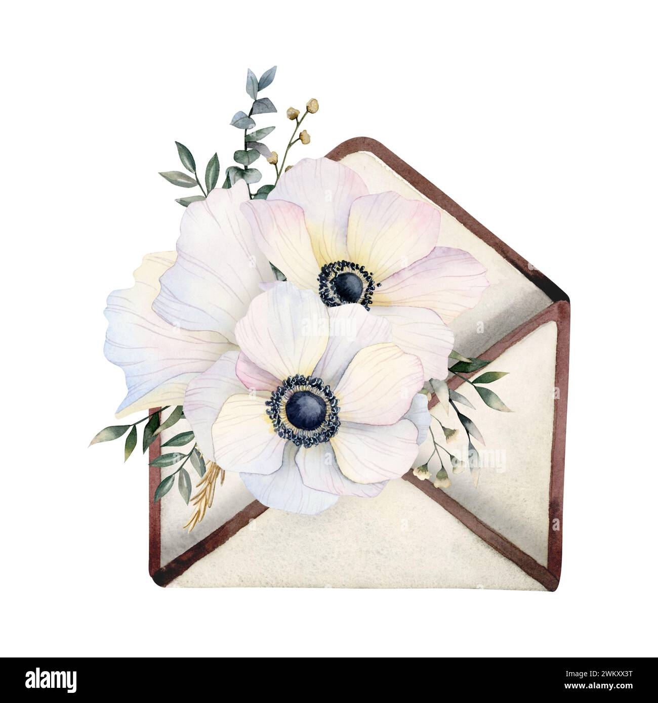 Weiße Anemonen Blumen in Vintage Umschlag Aquarellillustration für Grußkarten, Logos, Frühlingshochzeiteinladungen Stockfoto