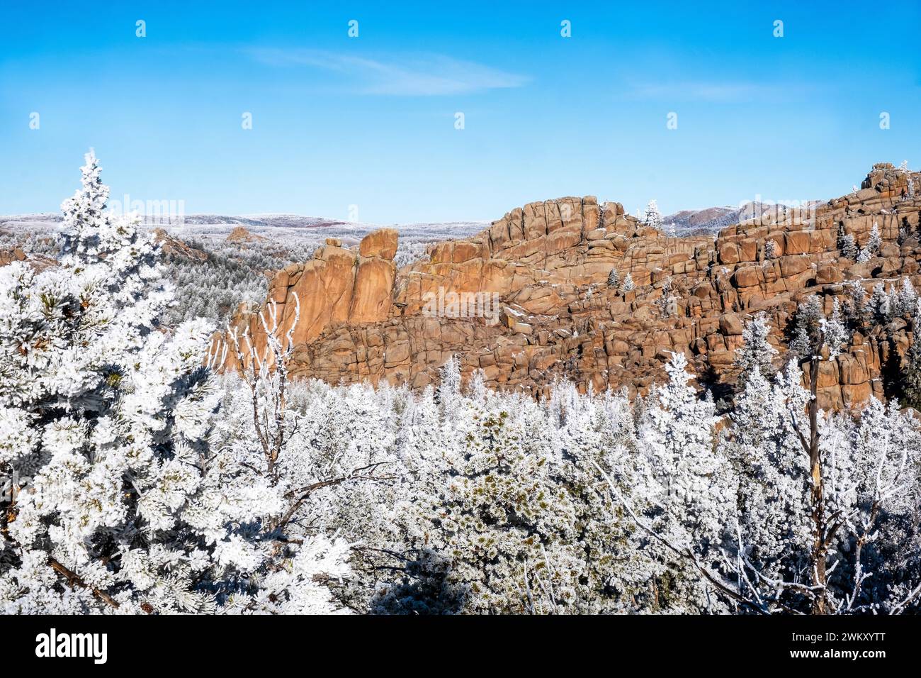 Heller Wintertag im Erholungsgebiet Vedauwoo in der Nähe von Cheyenne, Wyoming, USA Stockfoto