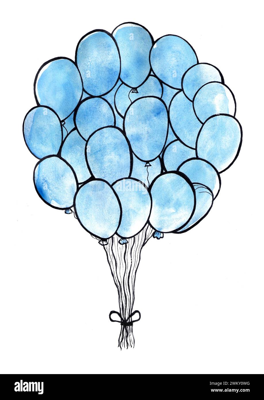 Ein Blumenstrauß aus Ballons. Blau mit schwarzem Umriss. Isoliert auf weißem Hintergrund. Sie sind mit einer Schleife von unten gebunden. Unschärfe für Wasserfarben. Geeignet für eine Babydusche. Das ist ein Junge. Party, Urlaub. Stockfoto