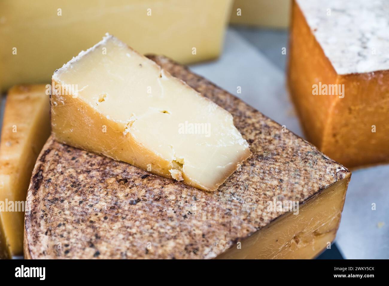 Köstlicher handwerklicher Bio-Käse auf einem Kunsthandwerksmarkt in Waddesdon. Stockfoto