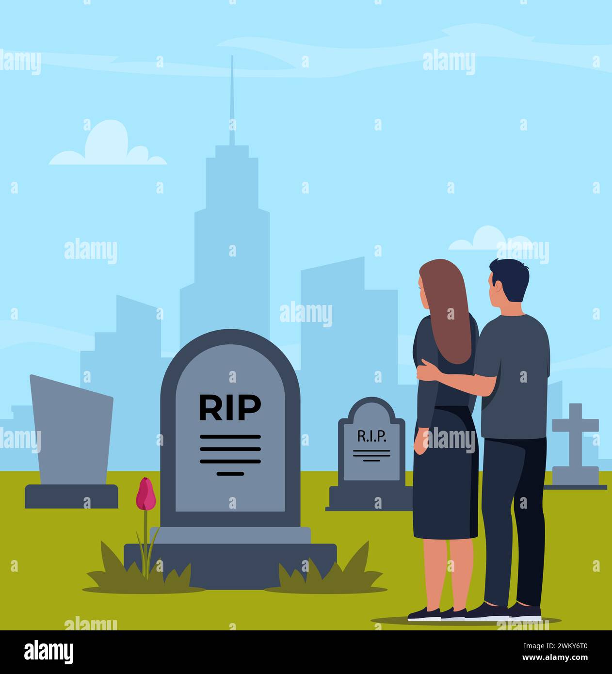 Trauriger Mann und traurige Frau in Trauerkleidung, die neben dem Grab