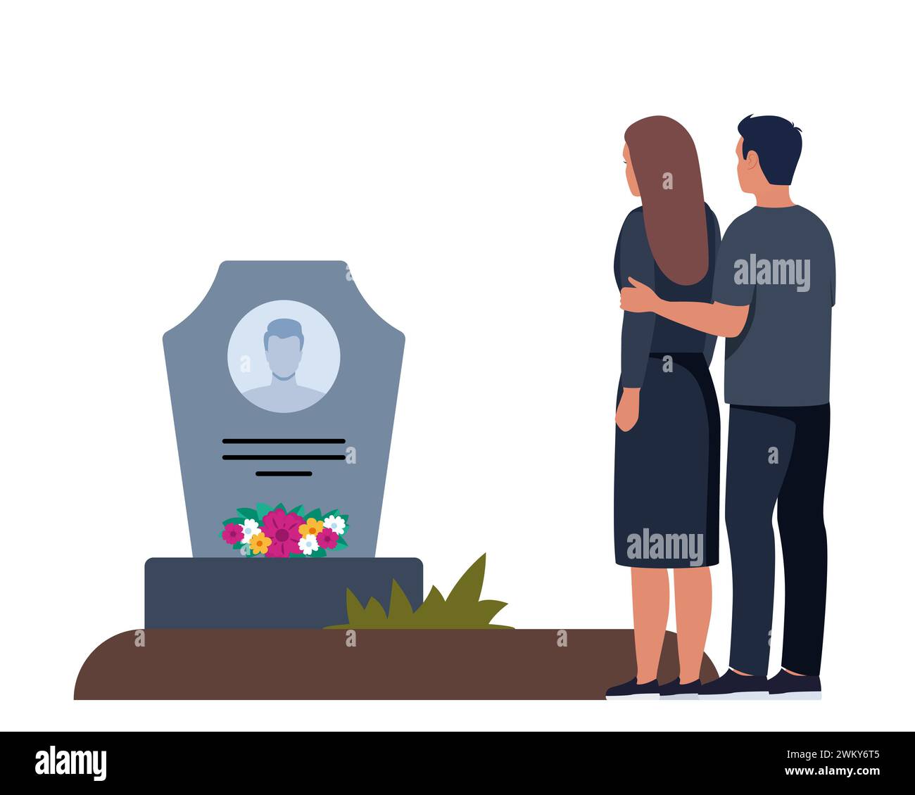 Trauriger Mann und traurige Frau in Trauerkleidung, die neben dem Grab