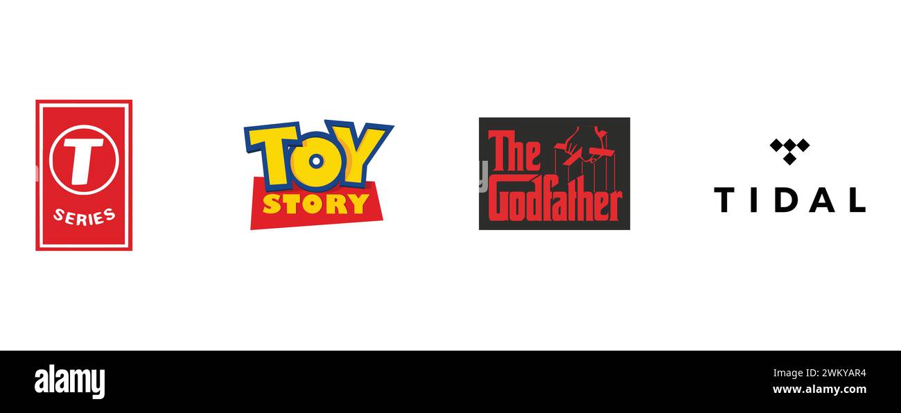 Der Pate, Tidal, Toy Story, T-Serie. Kollektion mit Top-Markenlogo. Stock Vektor