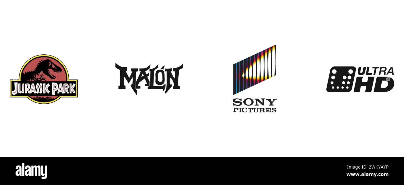 Sony Pictures, Jurassic Park, Europe Ultra HD, Malon. Kollektion mit Top-Markenlogo. Stock Vektor