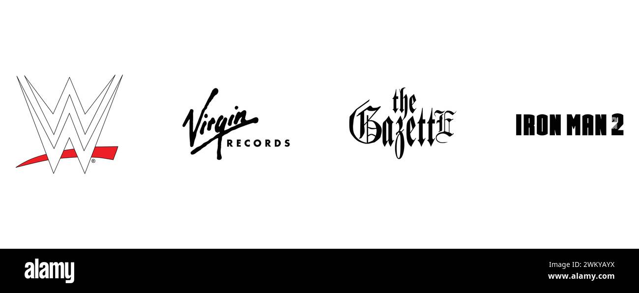 The Gazette, Iron Man 2, Virgin Records, World Wrestling Entertainment. Kollektion mit Top-Markenlogo. Stock Vektor