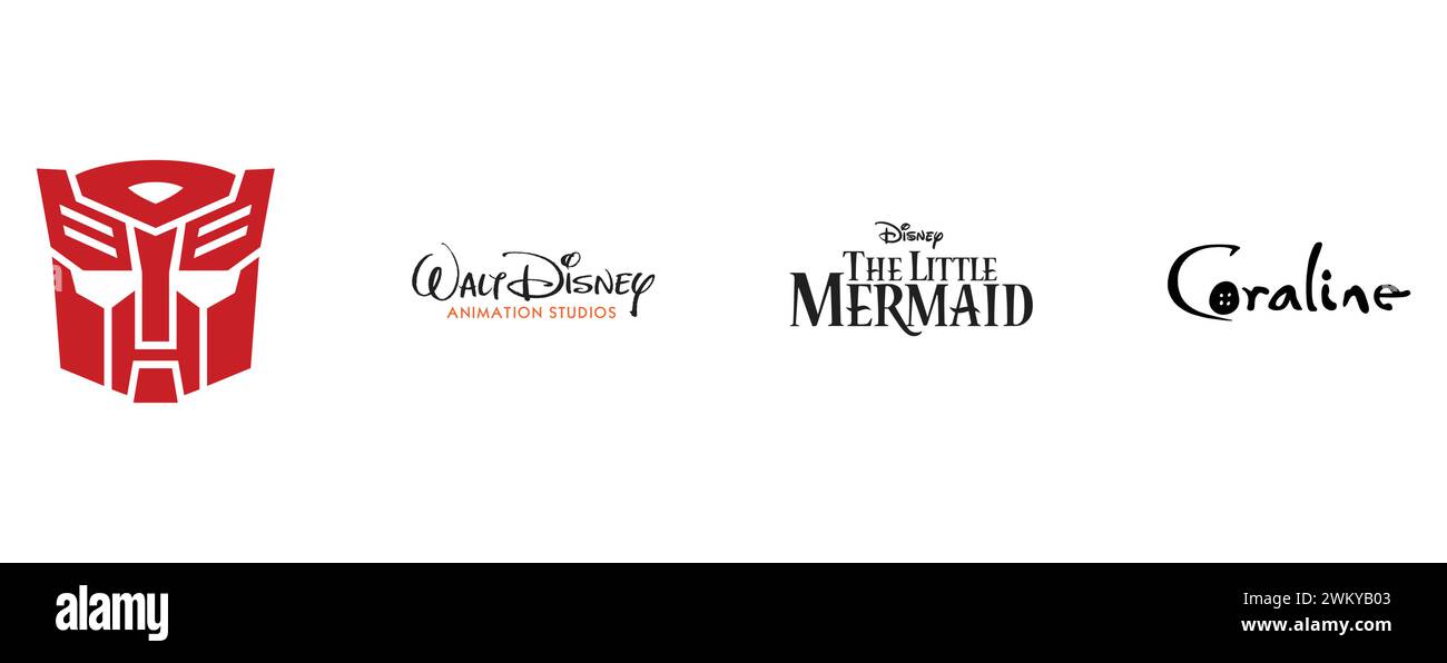 Coraline, Die Kleine Meerjungfrau, Walt Disney Animation Studios, Transformers Autobot. Kollektion mit Top-Markenlogo. Stock Vektor