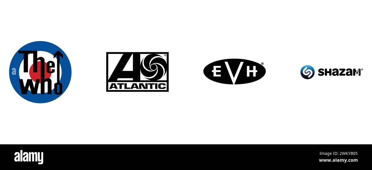 EVH, Shazam, The Who, Atlantic Records. Kollektion mit Top-Markenlogo. Stock Vektor