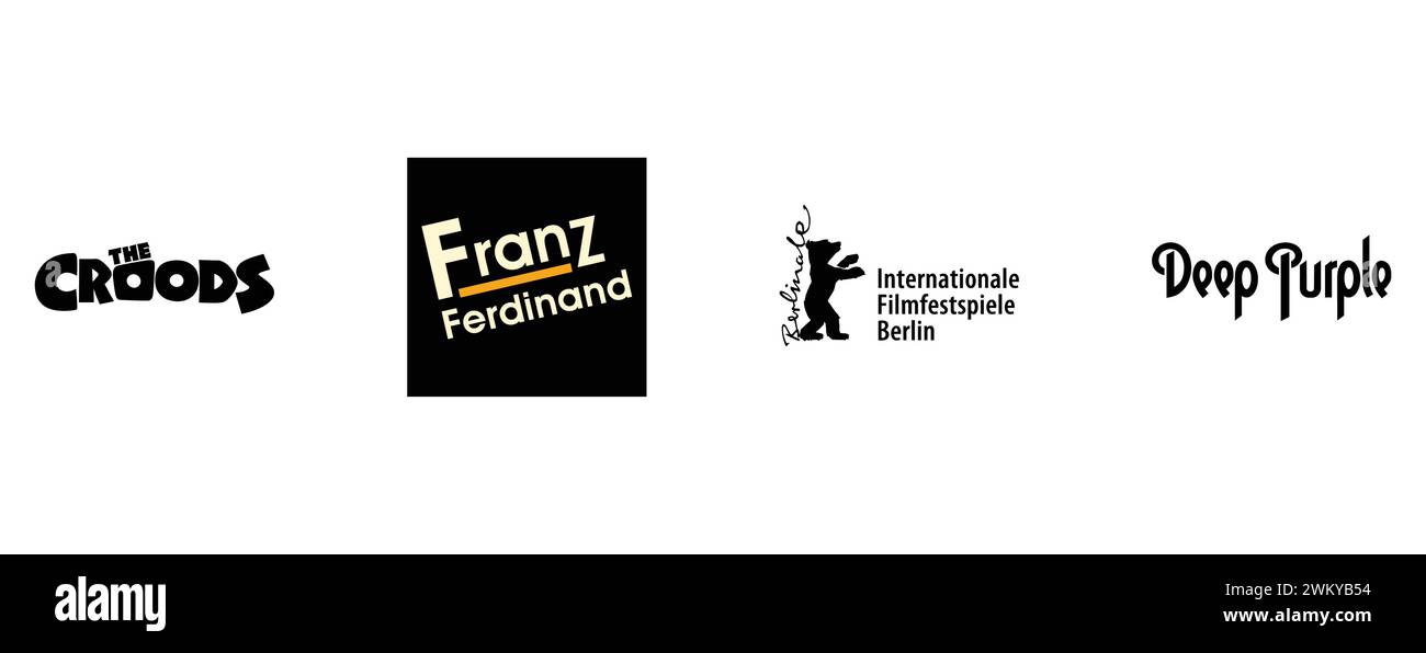 Deep Purple, die Croods, Franz ferdinand, Internationale Filmfestspiele Berlin. Kollektion mit Top-Markenlogo. Stock Vektor