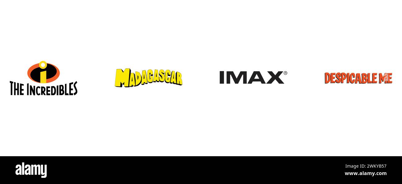 Ich Bin Verabscheuungswürdig, Die Unglaublichen, Imax, Madagaskar. Kollektion mit Top-Markenlogo. Stock Vektor