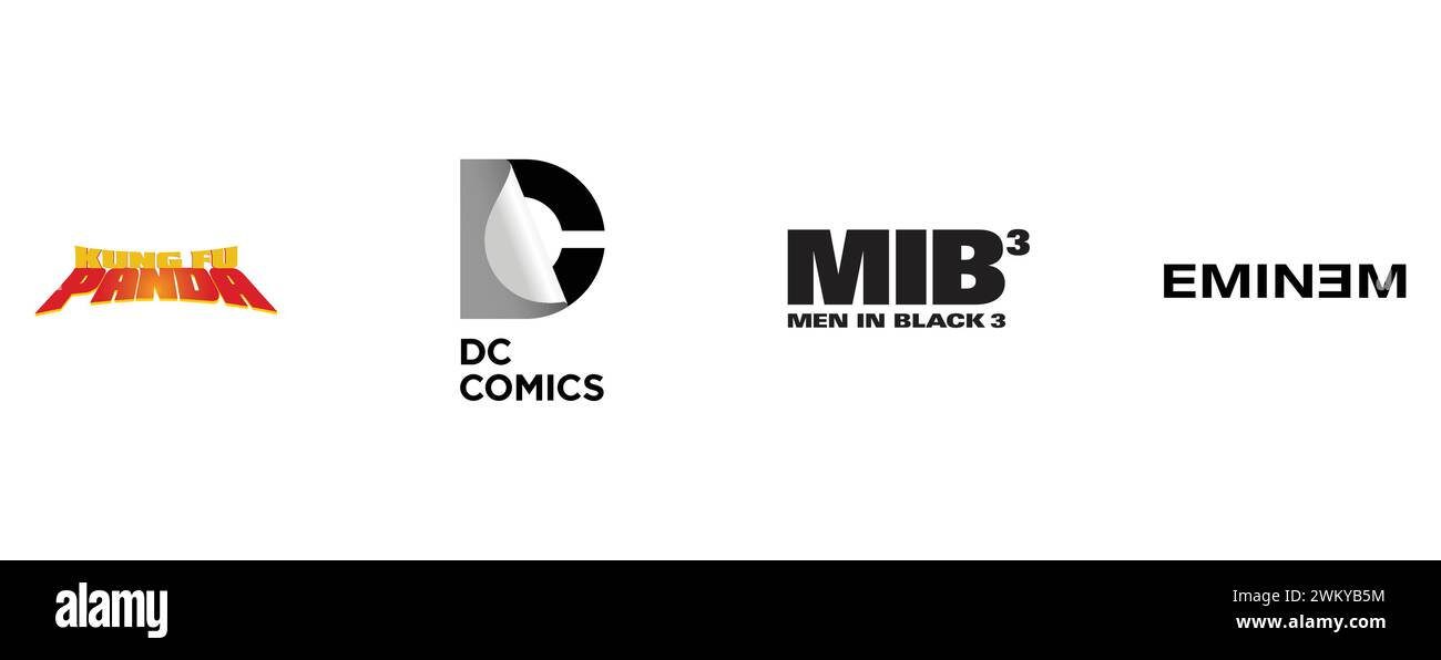 DC Comics, Kung Fu Panda, Eminem, Men in Black 3. Kollektion mit Top-Markenlogo. Stock Vektor