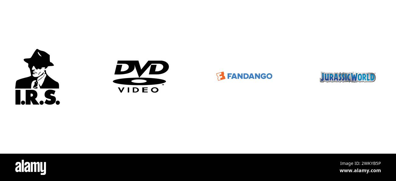 Jurassic World, Fandango, IRS Records, DVD Video. Kollektion mit Top-Markenlogo. Stock Vektor