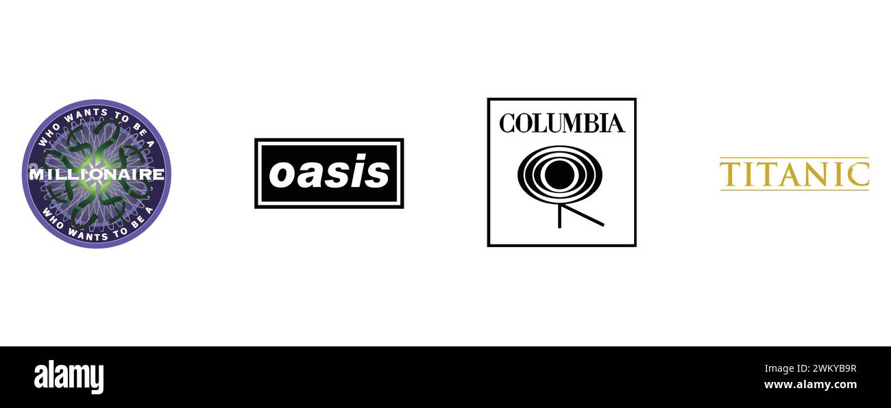 Titanic, Oasis, Columbia Records, die Millionär werden will. Kollektion mit Top-Markenlogo. Stock Vektor